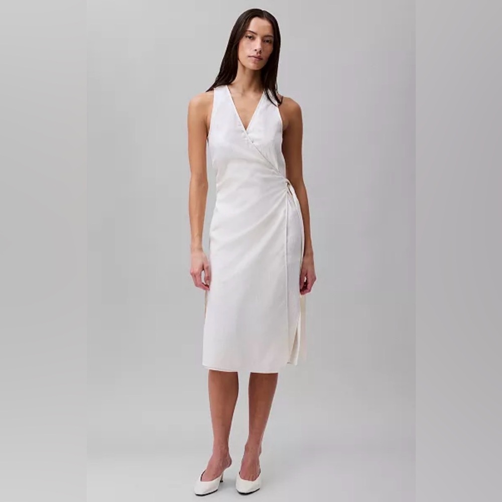 CALVIN KLEIN COTTON LINEN SLEEVELESS WRAP MIDI DRESS TIE WAIST Antique White XL